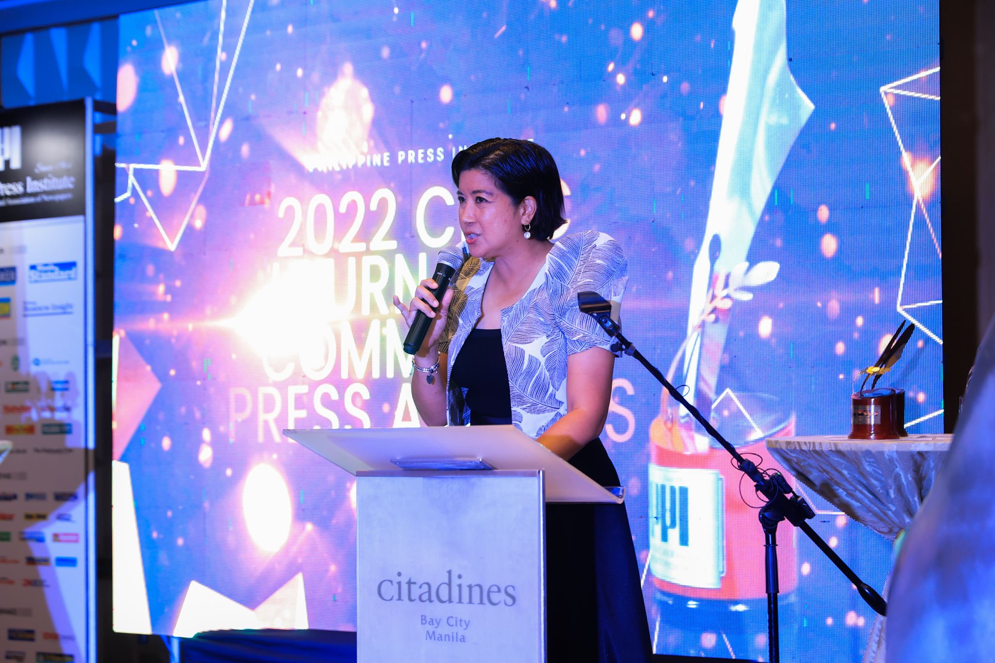 Ms. Kara David hosting the 2022 Civic Journalism Community Press Awards at Citadines Hotel, Bay City, Manila. Photo by Kier Labrador