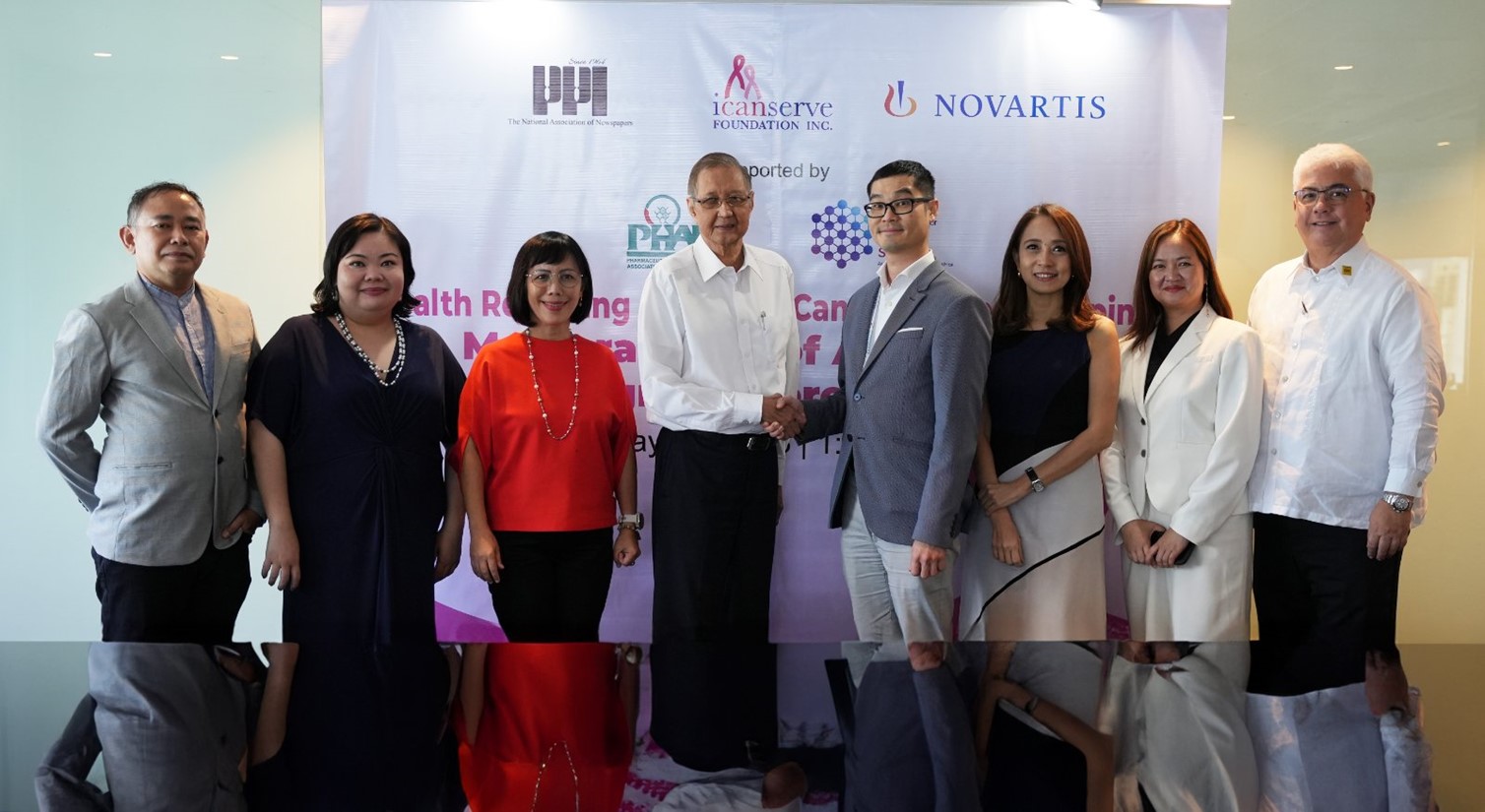 <em>Recognizing the key role of media in health literacy promotion, Novartis Healthcare Philippines, Philippine Press Institute (PPI), and ICanServe Foundation have signed a Memorandum of Agreement (MOA) to organize a workshop that aims to help local journalists gain a deeper understanding of breast cancer. Photo shows (from left) Mr. Ariel Sebellino, Executive Director, PPI; Ms. Joyce Pañares, Seminar Director, PPI; Ms. Christine Fajardo, Communications &amp; Engagement Head, Novartis Healthcare Philippines &amp; Asia Aspiring Innovative Medicines; Mr. Rolando Estabillo, Chairman &amp; President, PPI; Mr. Joel Chong, President, Novartis Healthcare Philippines; Ms. Kara Magsanoc-Alikpala, Founding President of ICanServe Foundation and Vice President for Internal Affairs of Cancer Coalition Philippines; Ms. Marian Pausanos, Public Affairs Head, Pharmaceutical and Healthcare Association of the Philippines (PHAP); and Mr. Teodoro Padilla, Executive Director, PHAP. Photo by Kier Labrador</em>